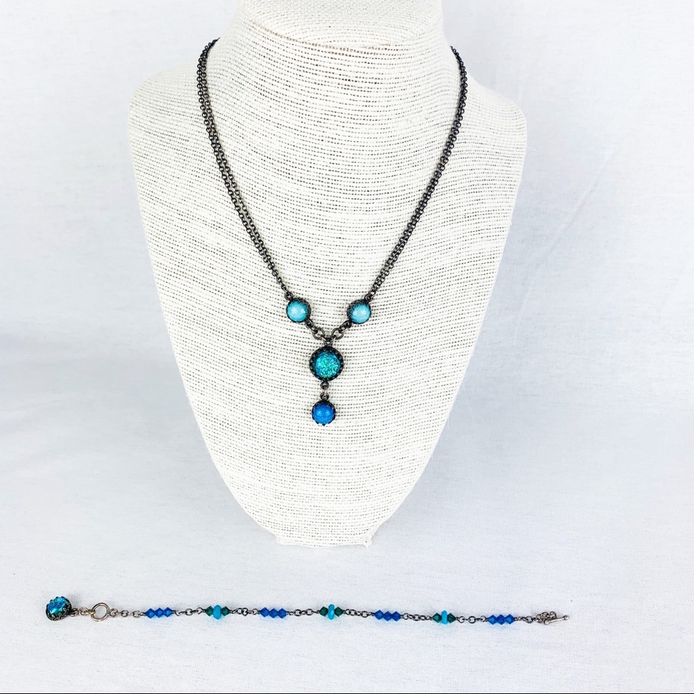 Blue Crystal & Bead Necklace and Bracelet Set